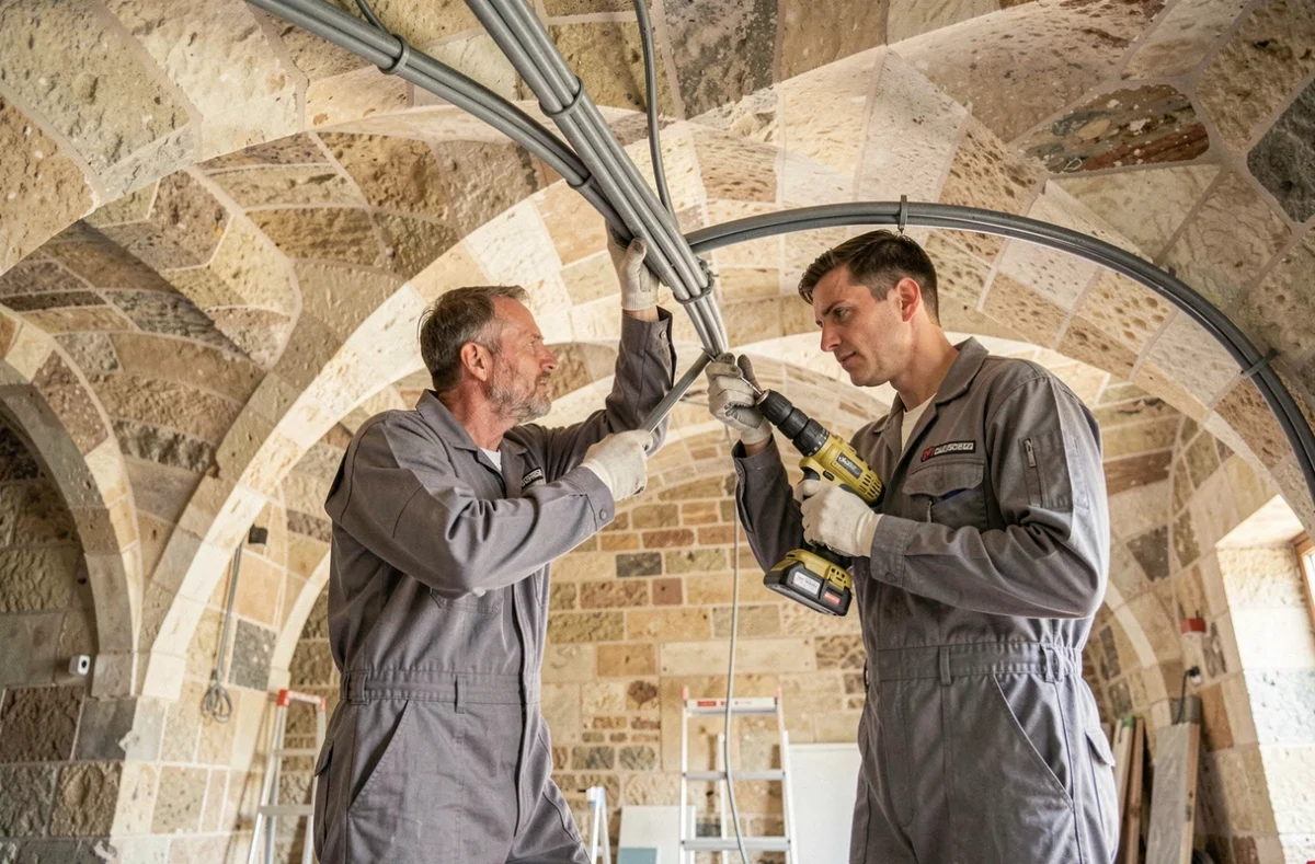 Deux techniciens d'A 2 T installant des conduits électriques dans un bâtiment en rénovation à Nancy