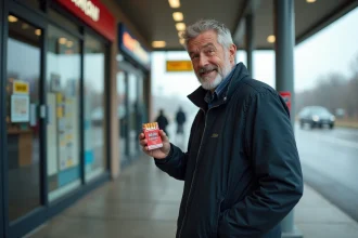 Homme tenant un paquet de cigarettes Winston dans une station-service allemande sur l'Autoroute