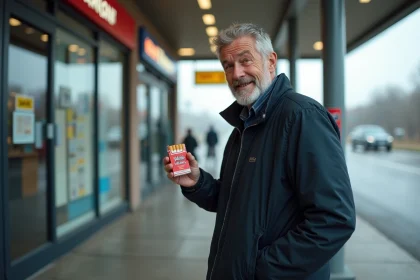 Homme tenant un paquet de cigarettes Winston dans une station-service allemande sur l'Autoroute