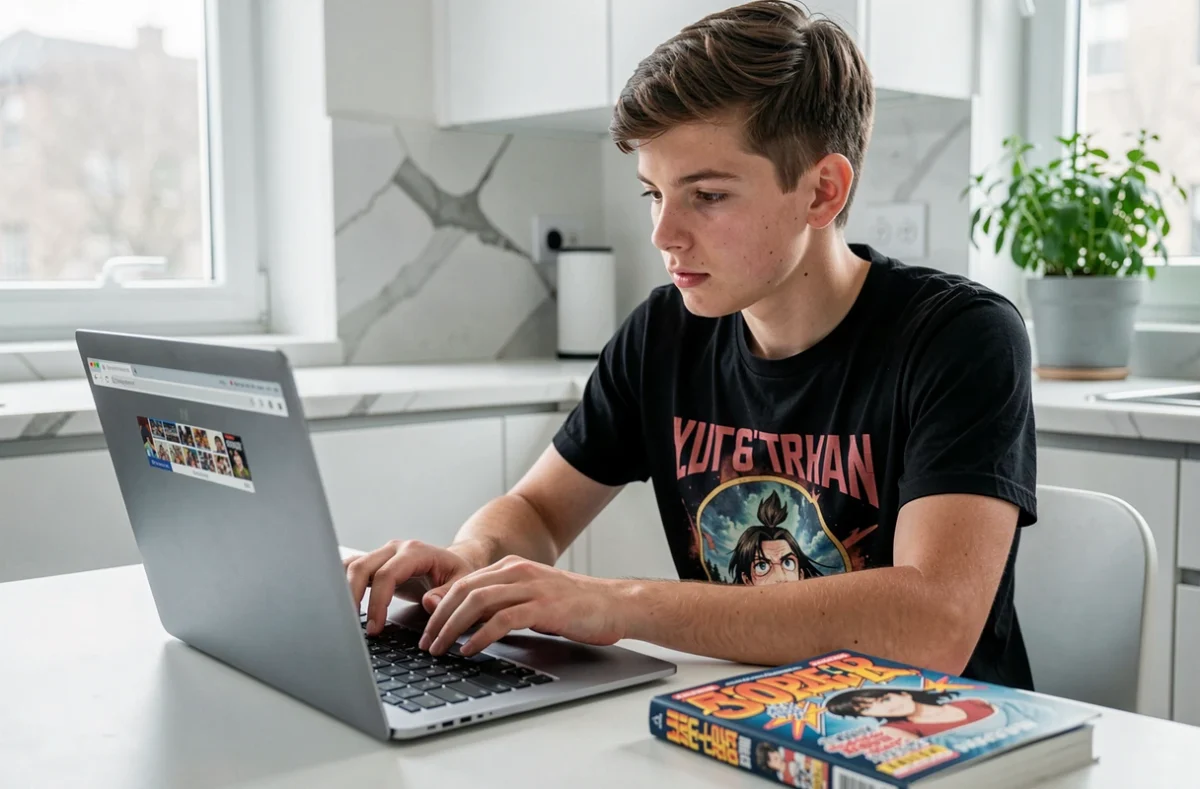 Adolescent consultant un site de manga légal sur ordinateur portable avec un tome de One Punch Man posé à côté