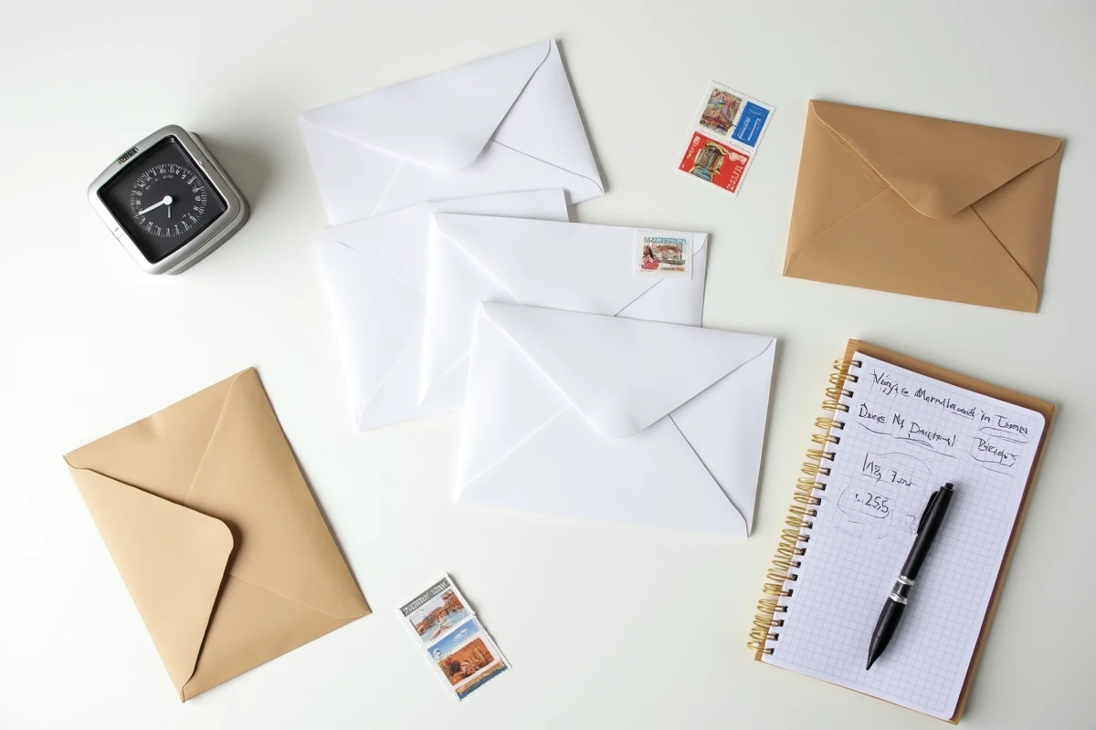 Vue à plat de timbres, enveloppes et balance postale pour calculer le bon affranchissement d'un courrier