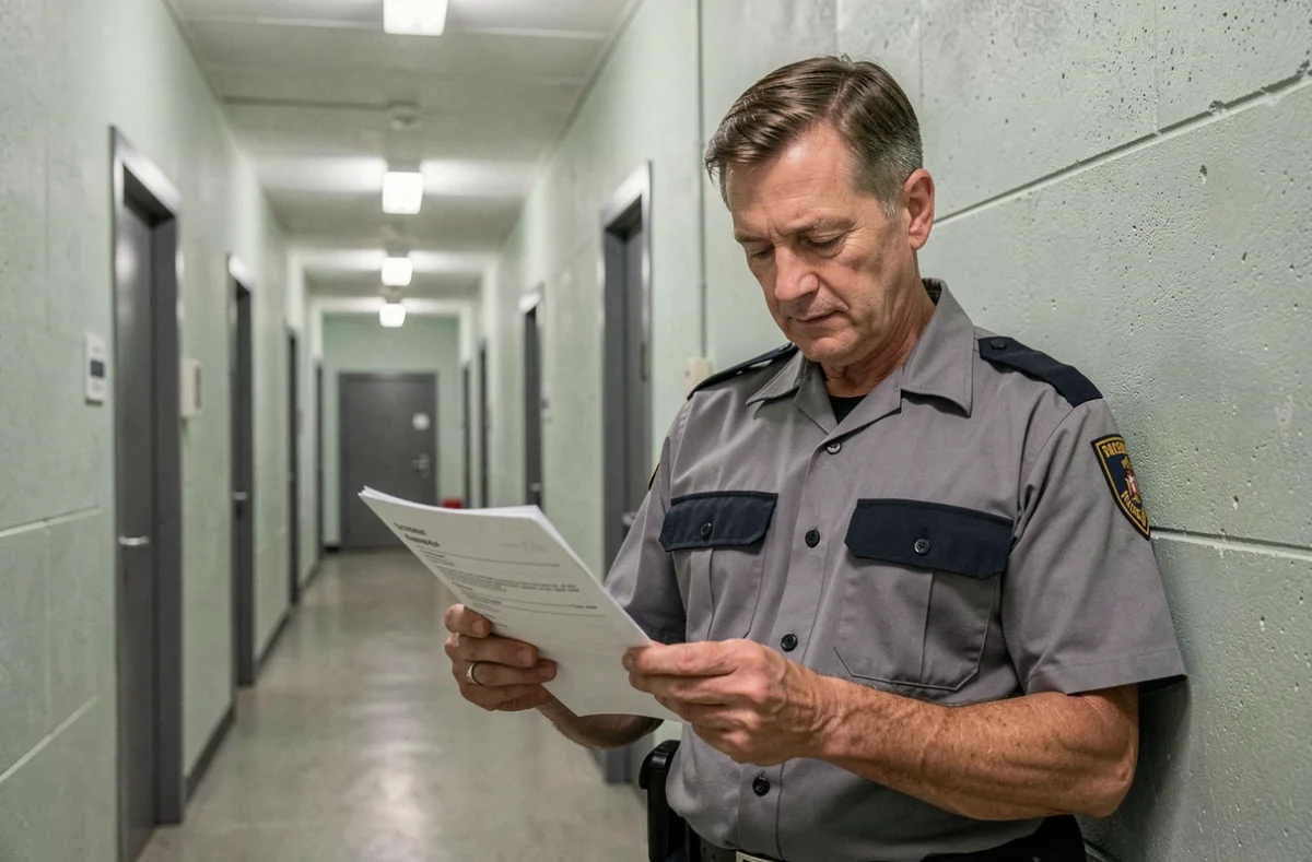 Agent pénitentiaire consultant un document administratif sur les aménagements de peine et le port du bracelet électronique dans un couloir de centre de détention