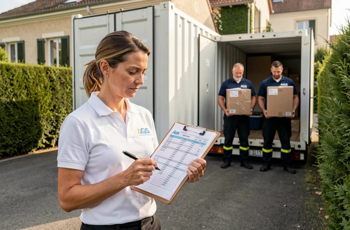 Coordinatrice AGS Déménagements supervisant le chargement d'un container de déménagement dans une allée résidentielle en France