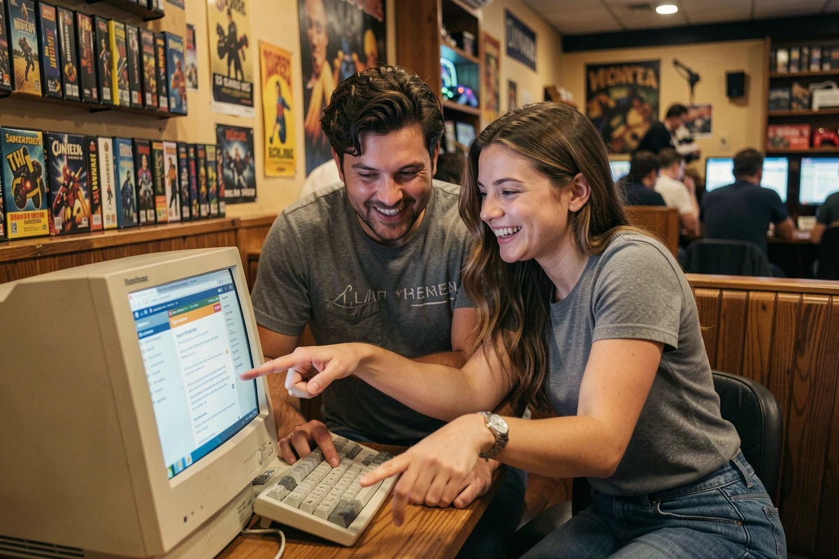 Deux amis consultant ensemble des archives de discussions JVC dans un café gaming aux décors rétro