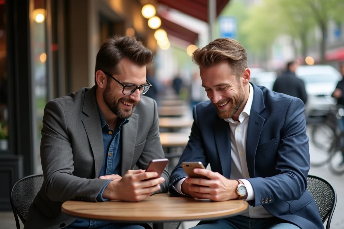 Deux hommes souriants avec smartphones au café extérieur