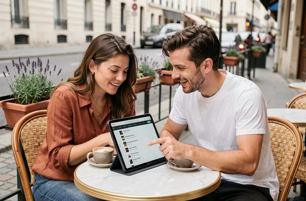 Deux amis discutant du choix d'une série espagnole adaptée à leur niveau en terrasse de café