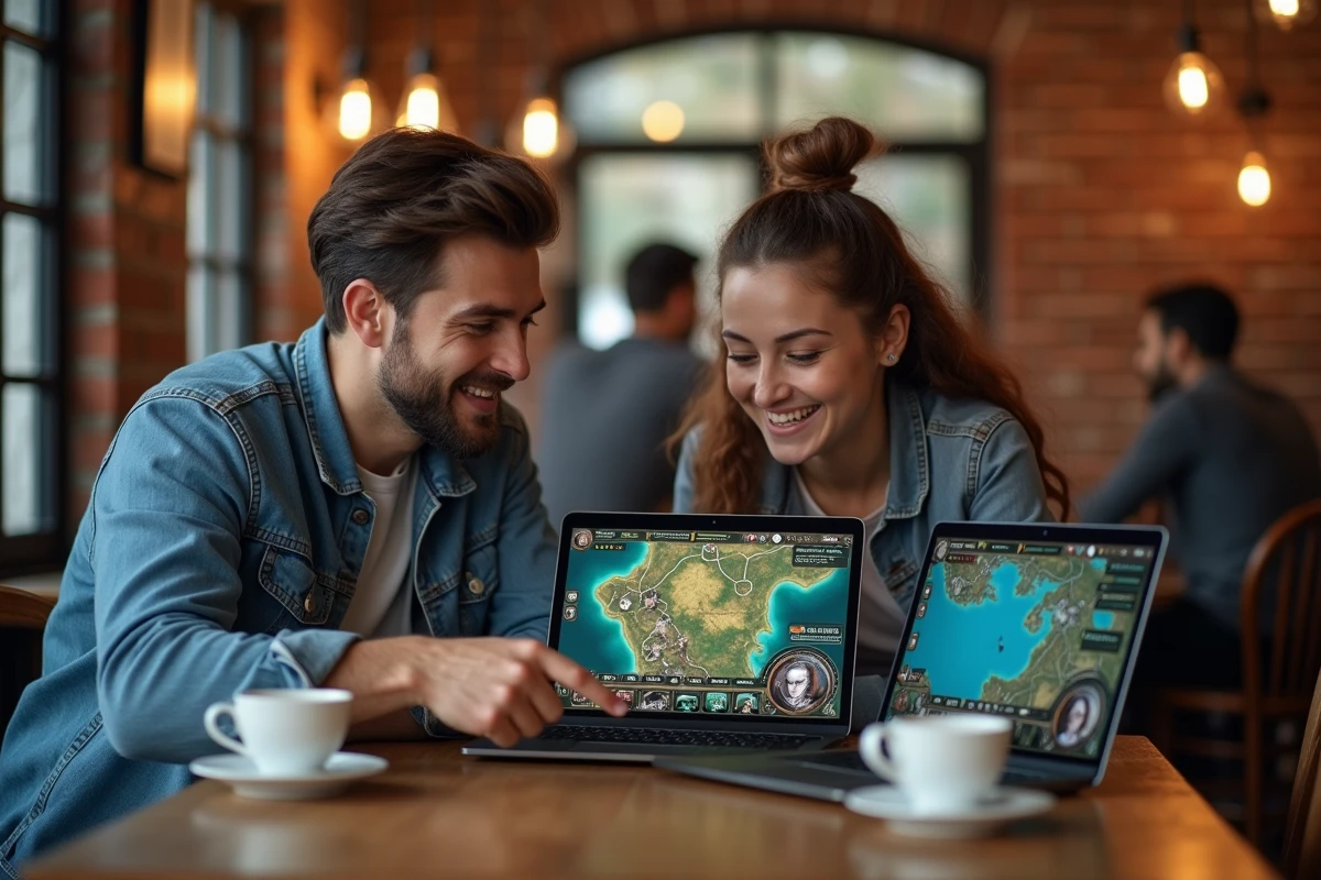 Deux amis joueurs en discussion stratégique dans un café autour de leurs ordinateurs portables affichant un jeu de rôle tactique en tours, évoquant la coopération sur Dofusportal