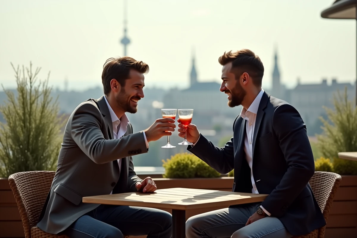 Deux hommes trinant sur un rooftop avec vue sur Lille