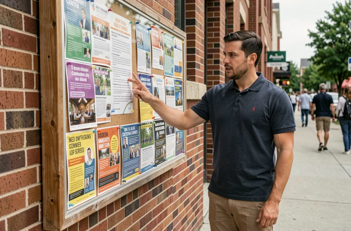 Animateur consultant des offres d'emploi sur un panneau d'affichage communautaire en ville