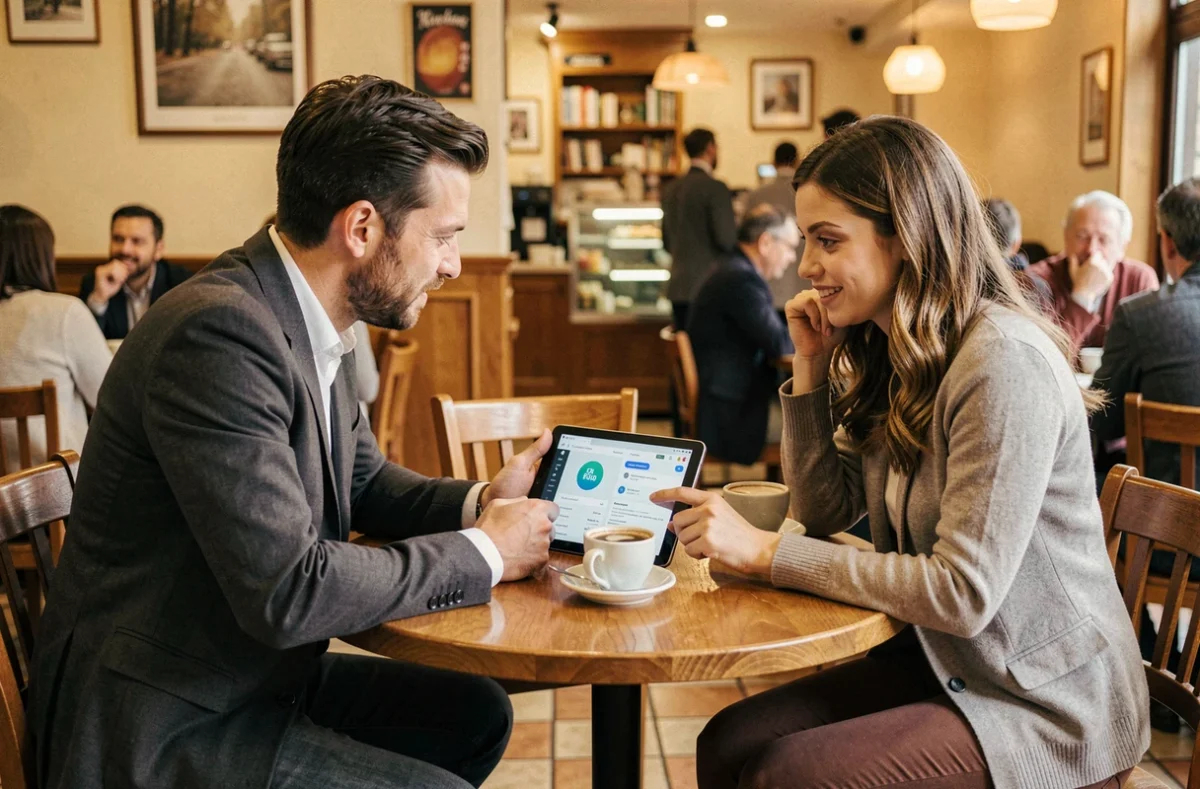 Deux animateurs discutant d'offres d'emploi sur une tablette dans un café