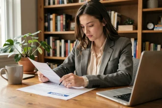 Jeune femme animatrice analysant des offres d'emploi sur son bureau à domicile
