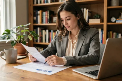 Jeune femme animatrice analysant des offres d'emploi sur son bureau à domicile