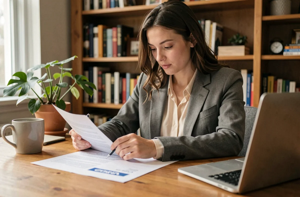 Jeune femme animatrice analysant des offres d'emploi sur son bureau à domicile