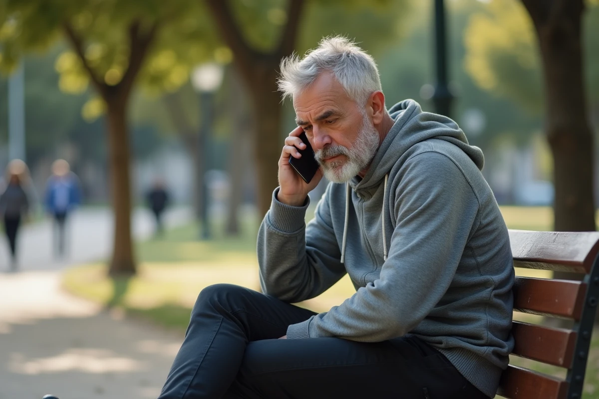 Homme appelant une ligne d'assistance téléphonique dans un parc de Marseille suite à une agression