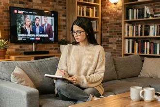 Jeune femme regardant une série espagnole en prenant des notes pour apprendre la langue