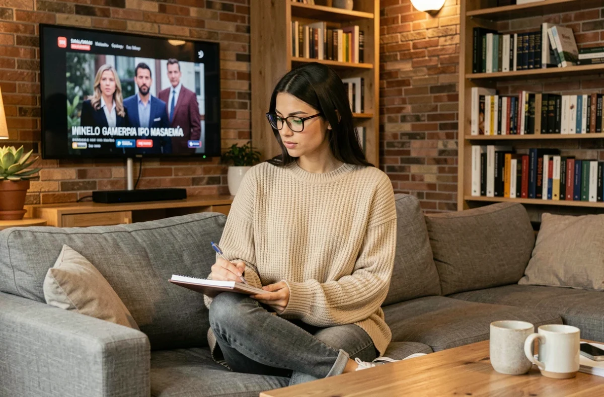 Jeune femme regardant une série espagnole en prenant des notes pour apprendre la langue