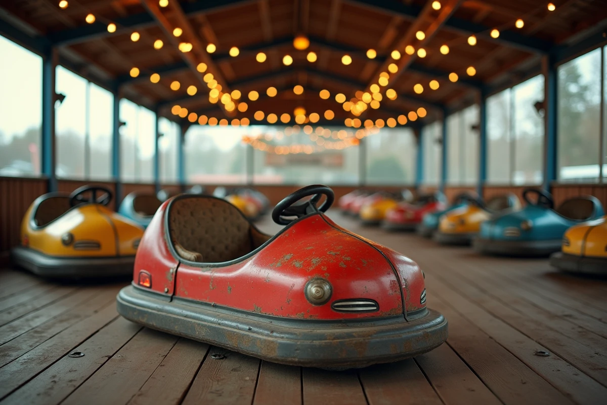 Rangée d'autos tamponneuses vintage aux couleurs fanées sur un circuit de fête foraine rétro