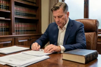 Avocat pénaliste examinant des documents juridiques liés au calcul des remises de peine pour bracelet électronique dans son cabinet