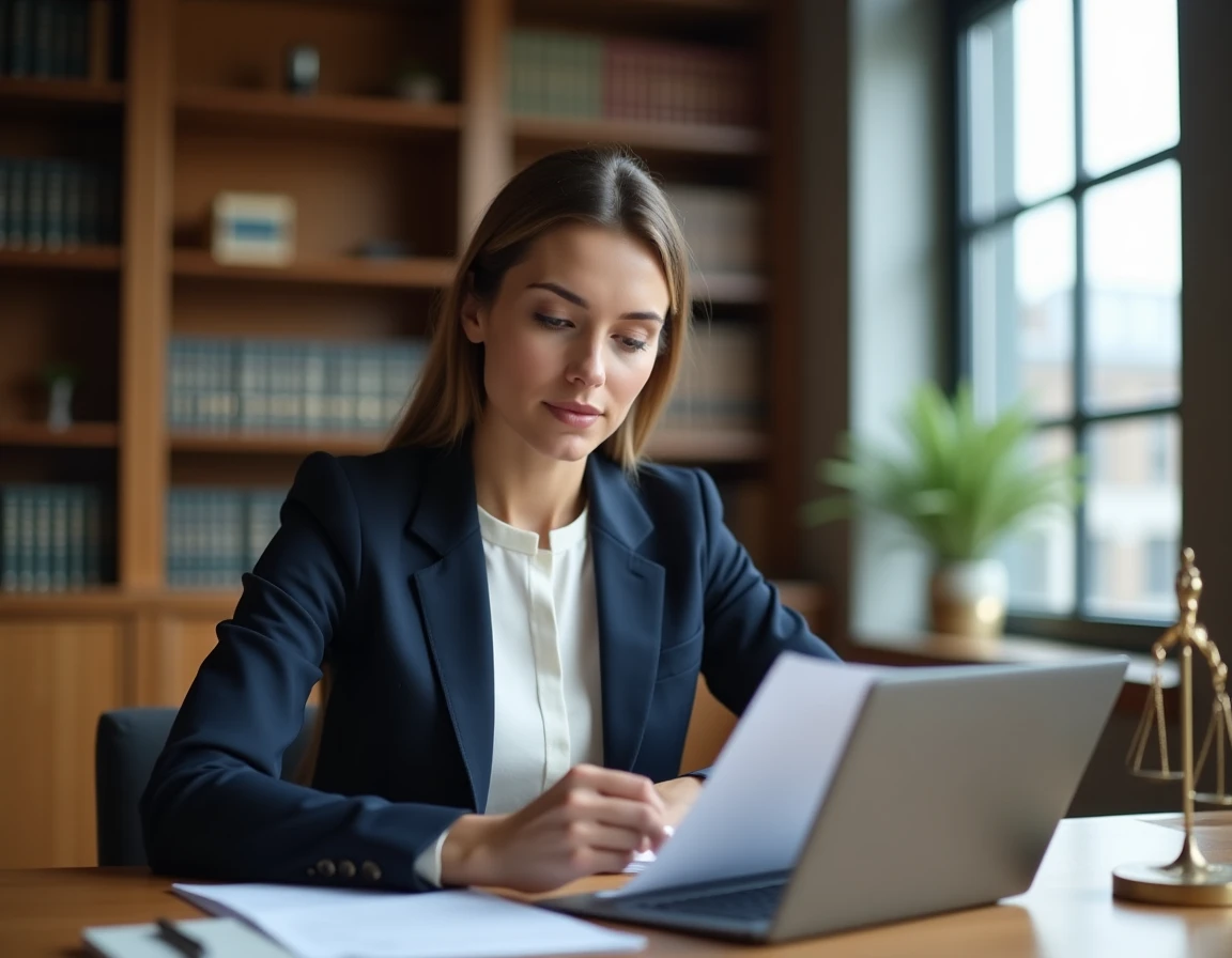 Avocate en cabinet examinant un document juridique relatif aux modes amiables de règlement des litiges à son bureau