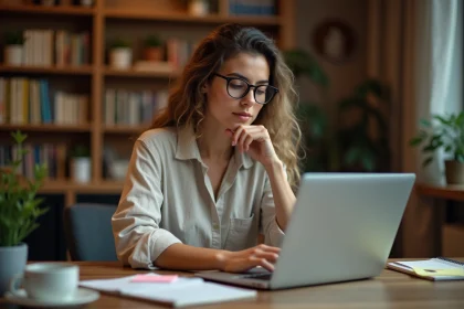 Femme blogueuse adulte travaillant sur son blog depuis un bureau en bois dans un bureau à domicile chaleureux