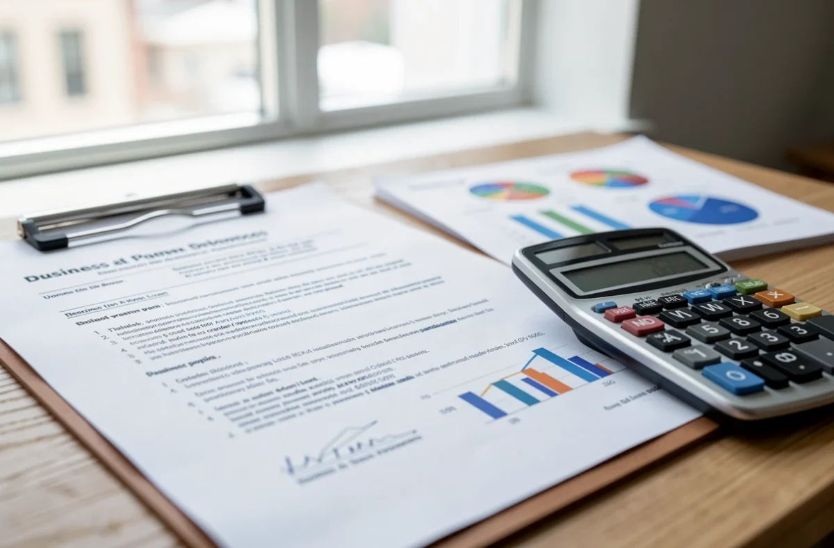 Business plan imprimé avec graphiques et calculatrice sur un bureau