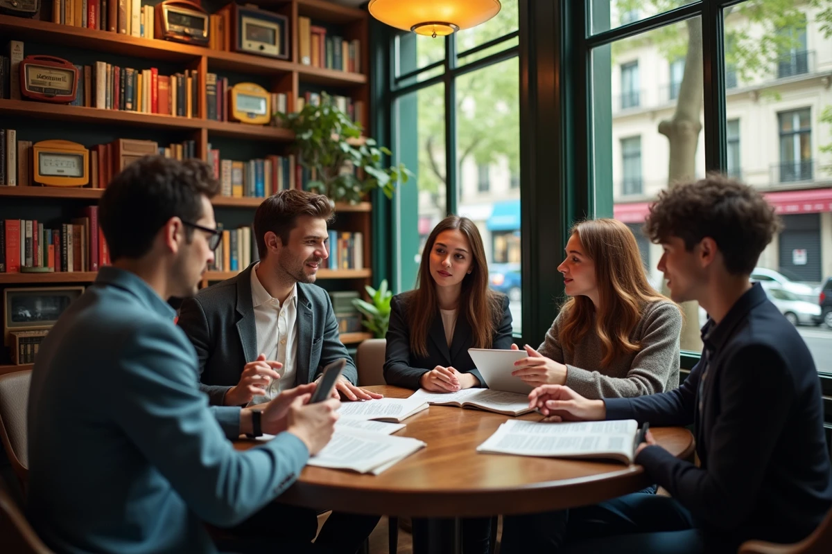 Jeunes adultes discutant dans un café parisien chaleureux