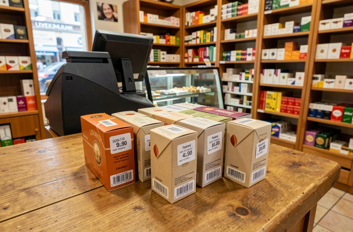 Cartouches de cigarettes exposées sur le comptoir d'un bureau de tabac au Luxembourg avec étiquettes de prix