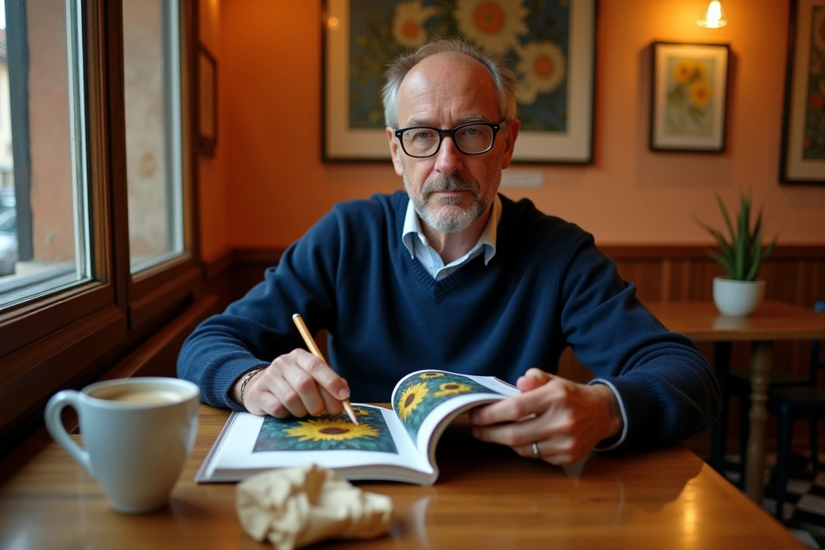 Homme consultant le catalogue de l'exposition Van Gogh dans un café traditionnel lyonnais