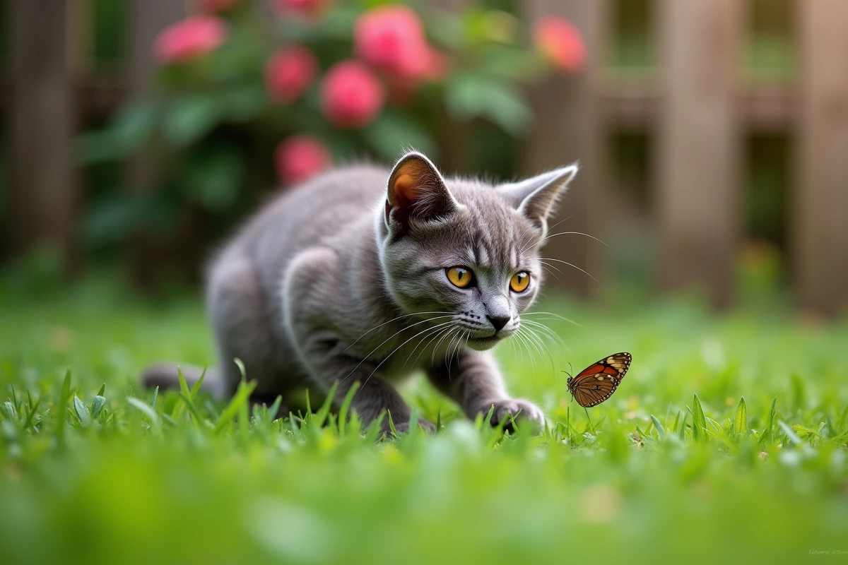 Jeune chatreux chassant dans un jardin verdoyant avec papillon