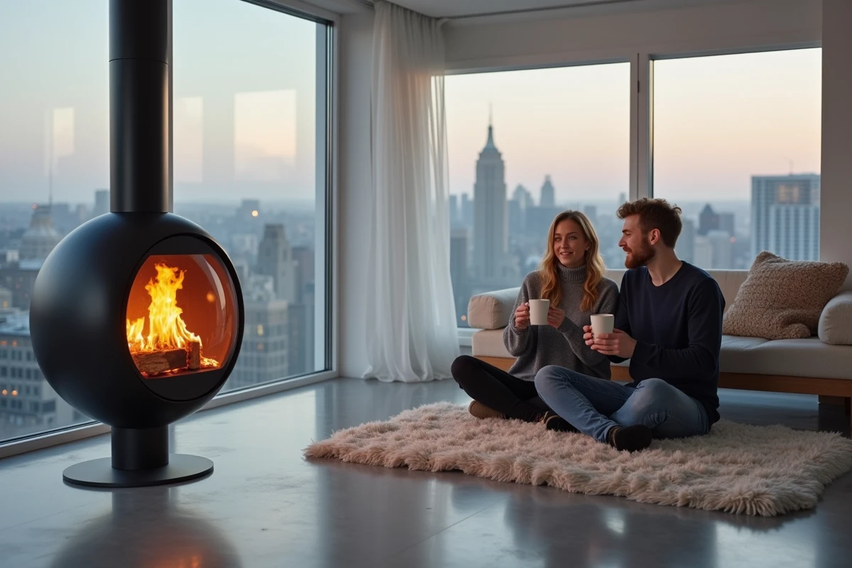 Couple assis sur une peau de mouton devant une cheminée design à vision 360 degrés dans un appartement minimaliste au style scandinave