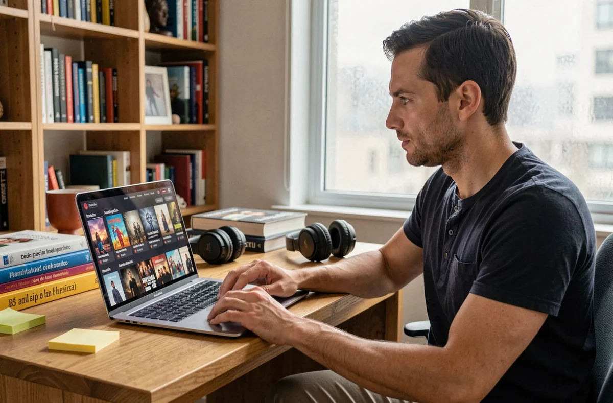 Homme choisissant une série espagnole sur une plateforme de streaming pour pratiquer la langue
