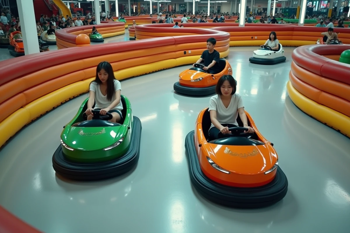 Vue en plongée d'un circuit d'autos tamponneuses électriques modernes avec conducteurs dans un parc d'attractions