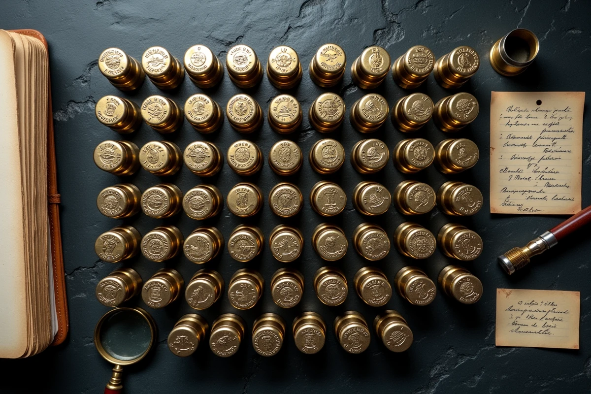 Vue en plongée d'une collection de capsules de muselet de champagne triées et cataloguées sur ardoise avec fiches d'inventaire