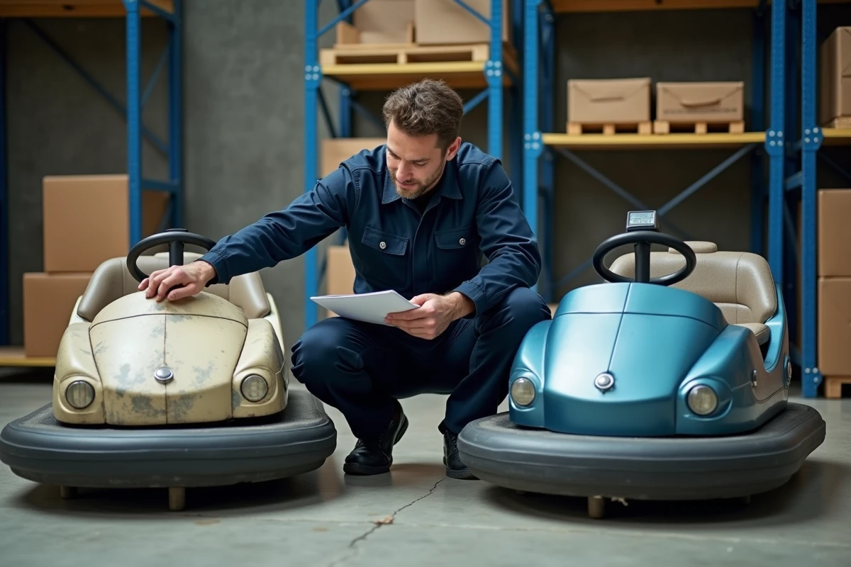 Comparaison entre un modèle ancien et un modèle moderne d'auto tamponneuse inspecté par un technicien