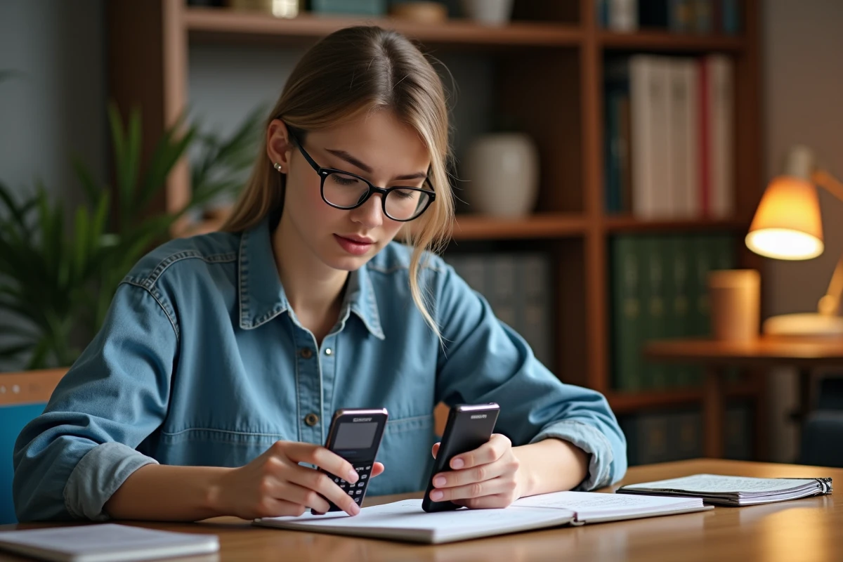 Femme comparant deux modèles Sony Ericsson vintage sur un bureau, conseils pour choisir un téléphone d'occasion