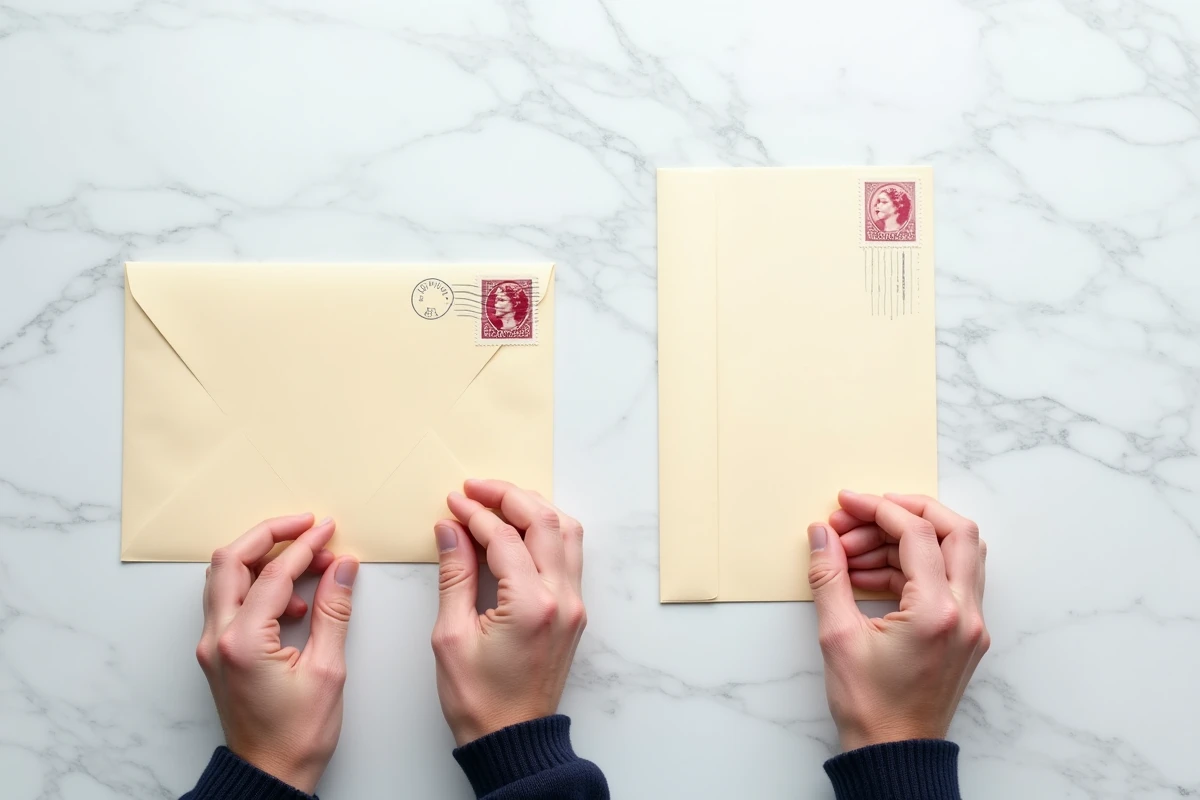 Vue de dessus de deux enveloppes, une horizontale et une verticale, avec un timbre bien positionné sur chacune