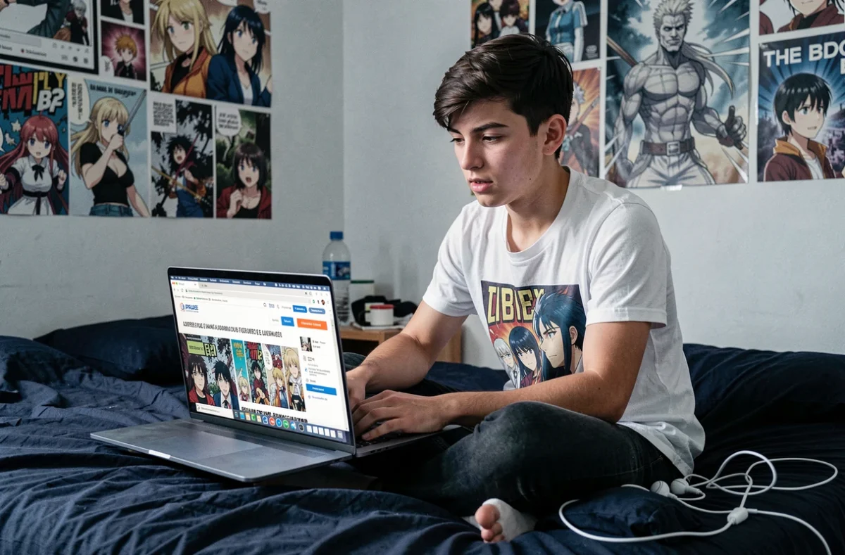 Adolescent comparant des sites de lecture de scans manga One Piece sur son ordinateur portable dans sa chambre