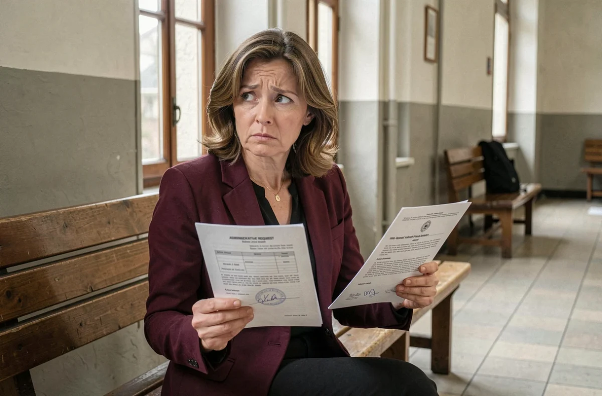 Une femme confuse tenant deux documents juridiques différents dans un couloir de tribunal, illustrant la confusion entre requête en exonération et recours après jugement