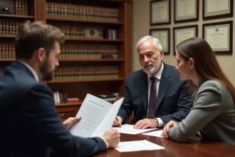 Un notaire expérimenté en consultation gratuite avec un couple autour d'une table en bois dans un bureau officiel rempli de livres juridiques