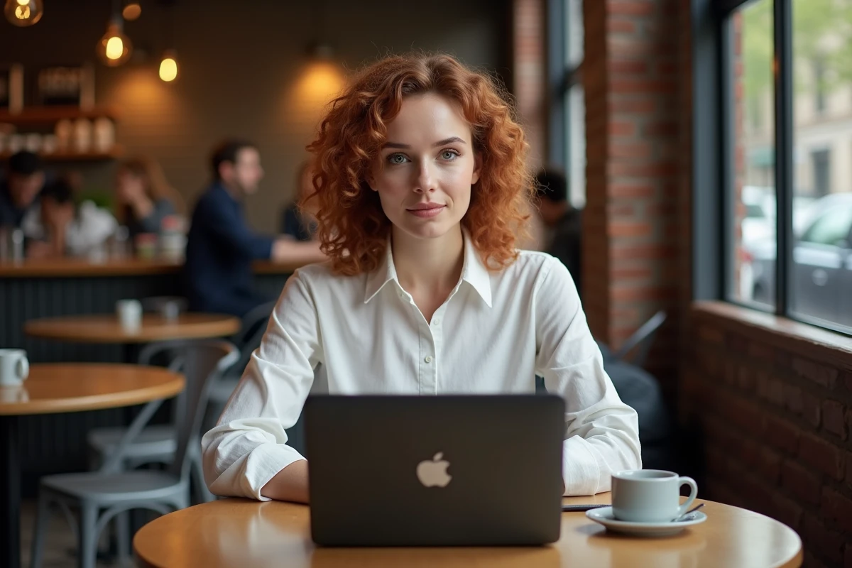 Femme consultant des stories Instagram anonymement sur son ordinateur portable dans un café urbain avec interface de réseau social visible