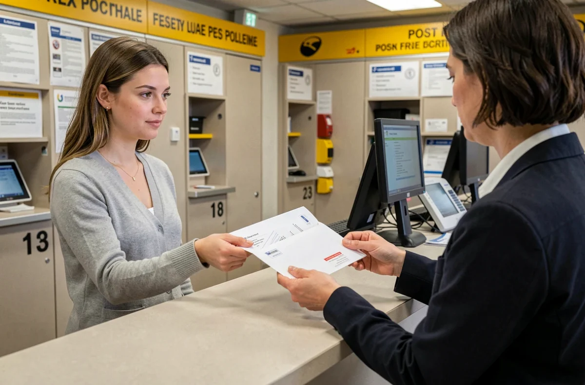 Une femme envoyant une contestation de contravention en lettre simple à la poste sans accusé de réception, erreur juridique fréquente