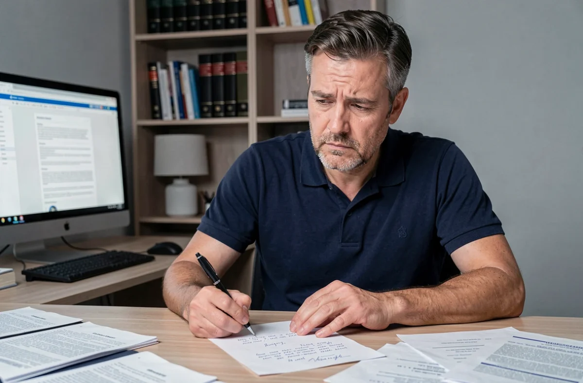 Un homme rédigeant une contestation de contravention sans motif juridique précis, illustrant une erreur fréquente qui affaiblit le recours