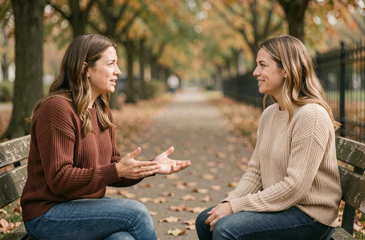 Deux femmes sur un banc de parc illustrant un échange ambigu entre fausse amitié et hypocrisie