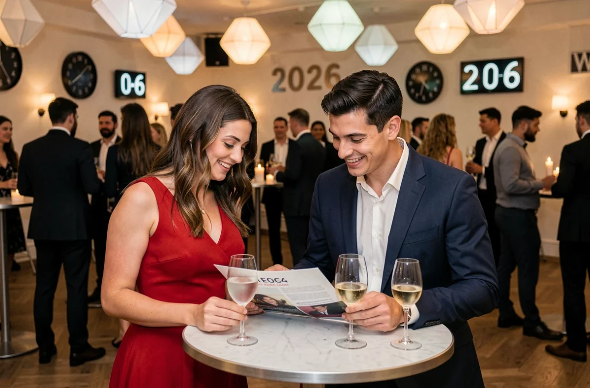 Couple consultant le programme d'une soirée du Nouvel An 2026 organisée dans une salle de fête décorée avec d'autres invités en arrière-plan