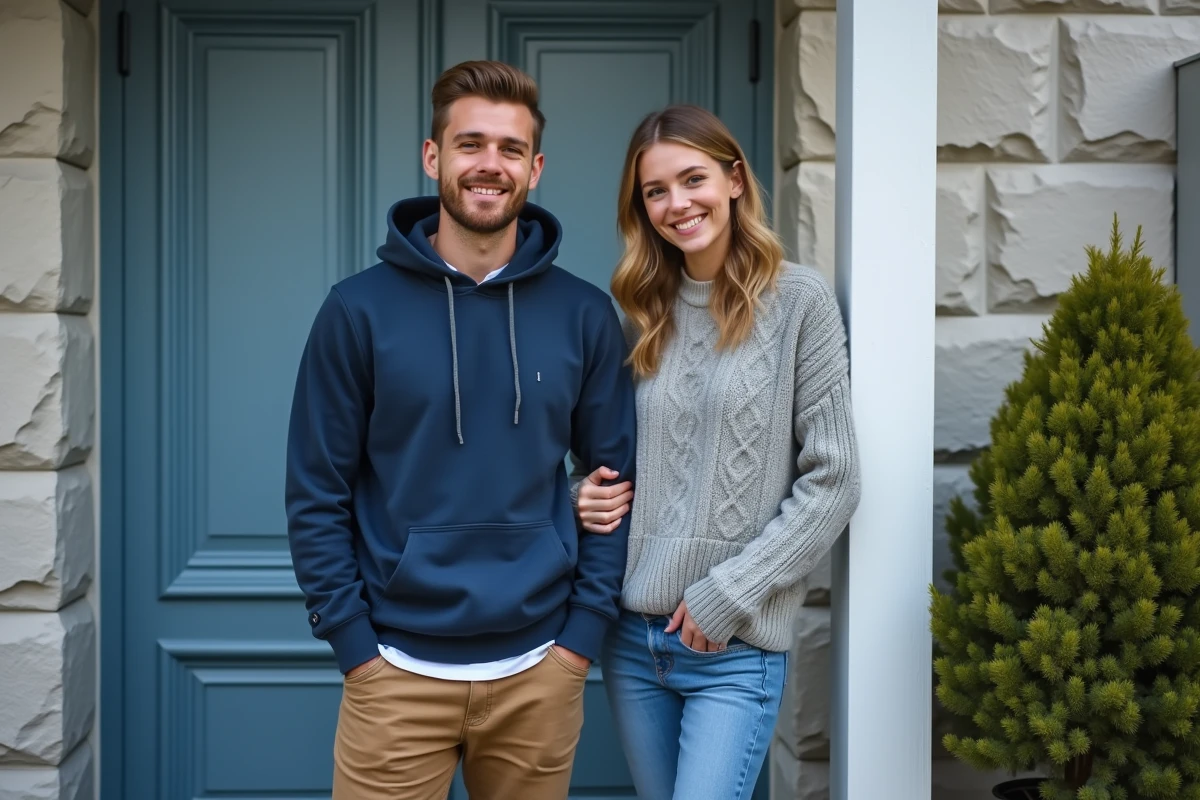Jeune couple scandinave devant une porte bleue dans un environnement résidentiel
