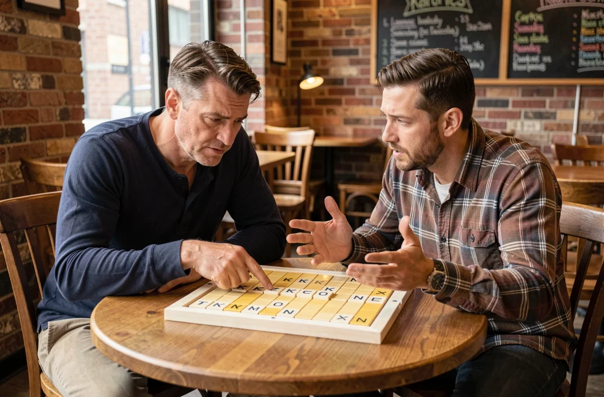 Deux hommes en désaccord autour d'un plateau de Scrabble dans un café, discutant de la validité du mot KO
