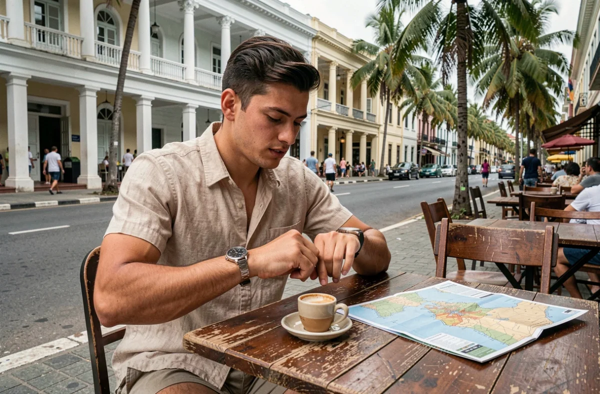 Jeune homme comparant l'heure de La Réunion et de Paris avec deux montres dans un café en plein air à Saint-Denis