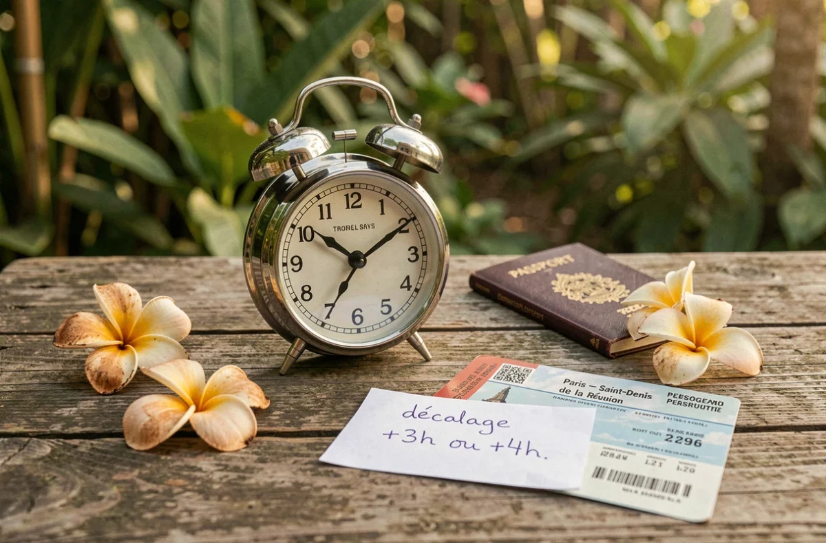 Flat-lay d'une horloge, d'un passeport et d'une carte d'embarquement illustrant le décalage horaire entre La Réunion et la France