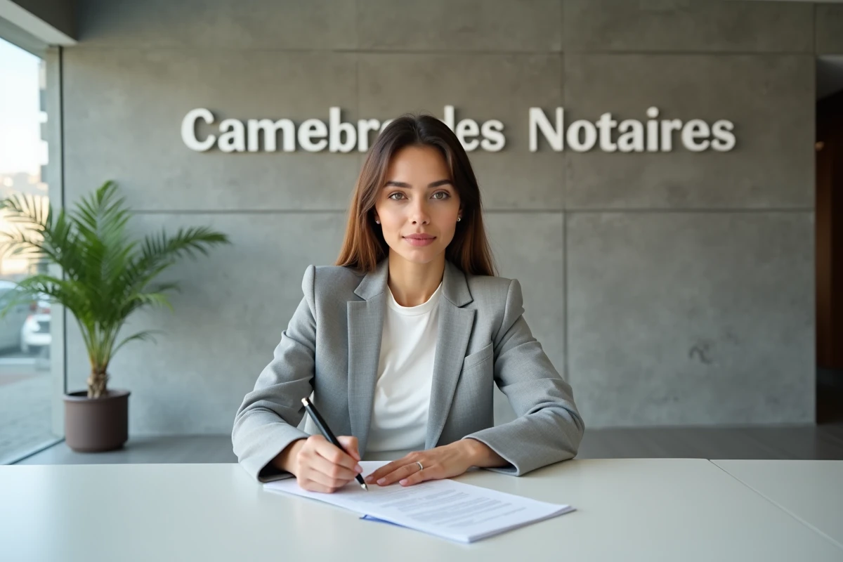 Une jeune femme remplissant un formulaire de demande de consultation gratuite à l'accueil d'une chambre des notaires