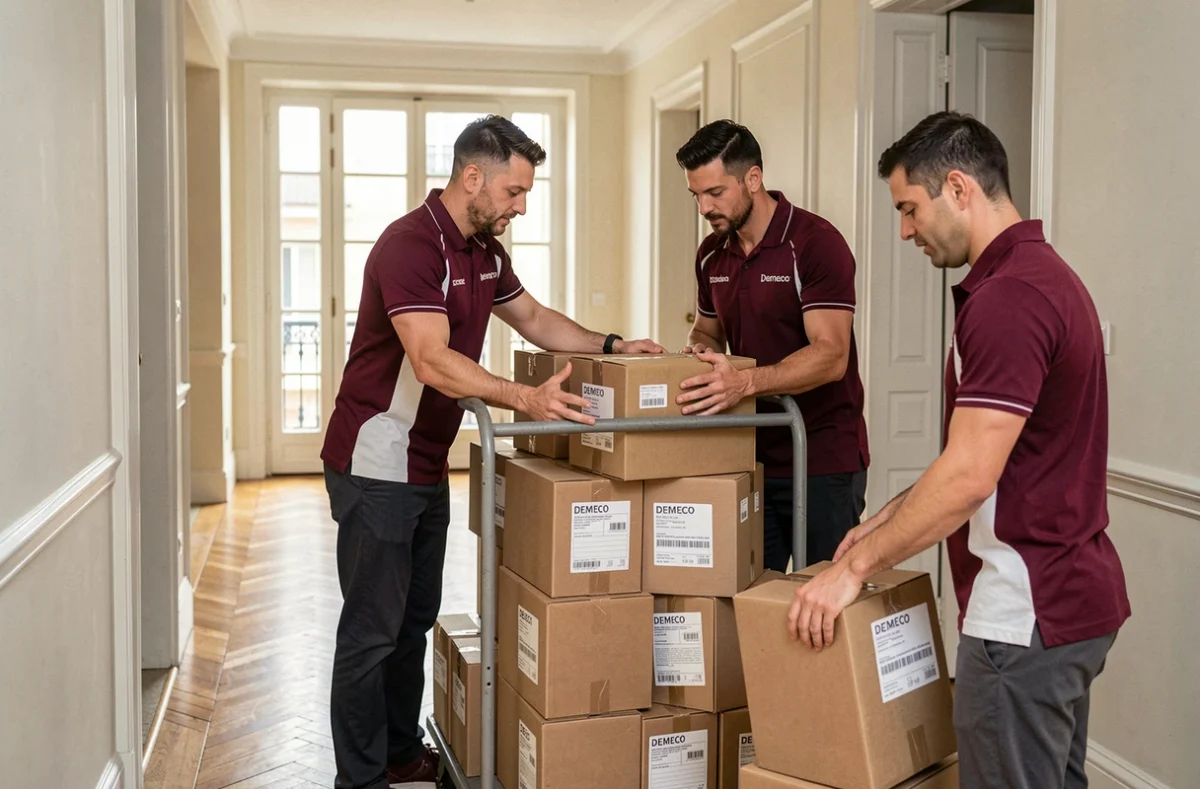 Équipe Demeco en uniformes bordeaux et blanc empilant des cartons étiquetés sur un chariot dans le couloir d'un appartement français